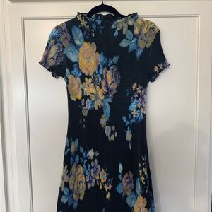 Floral Patterned Midi Dress in Black and Yellow